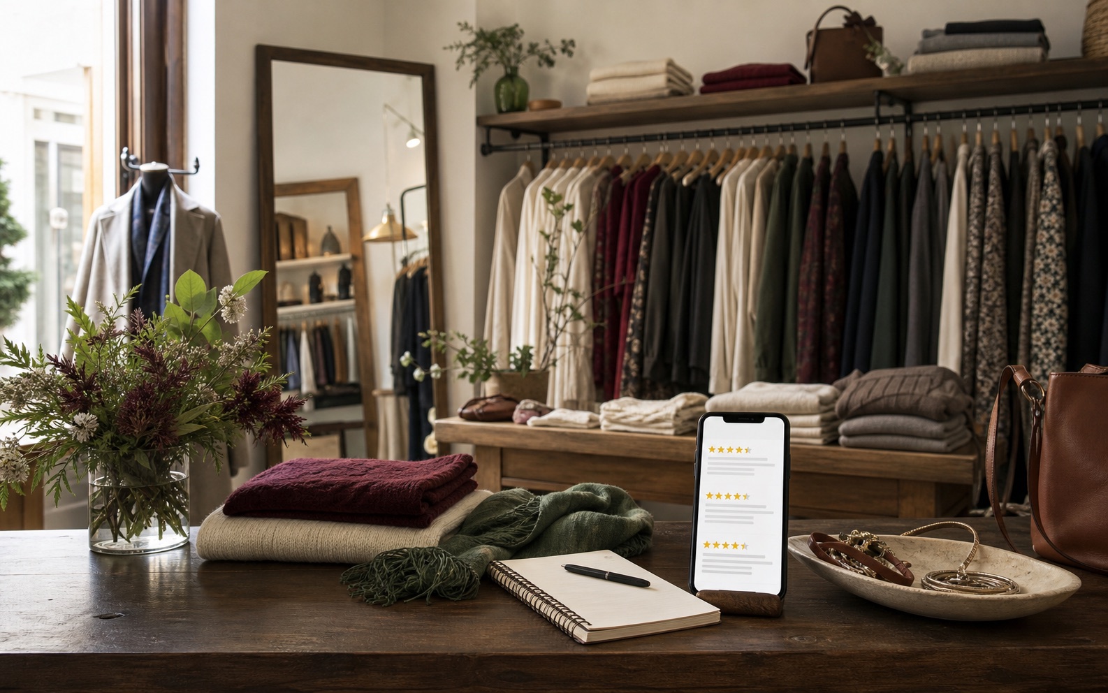 Boutique de moda con prendas seleccionadas y un móvil mostrando valoraciones genéricas sin texto legible