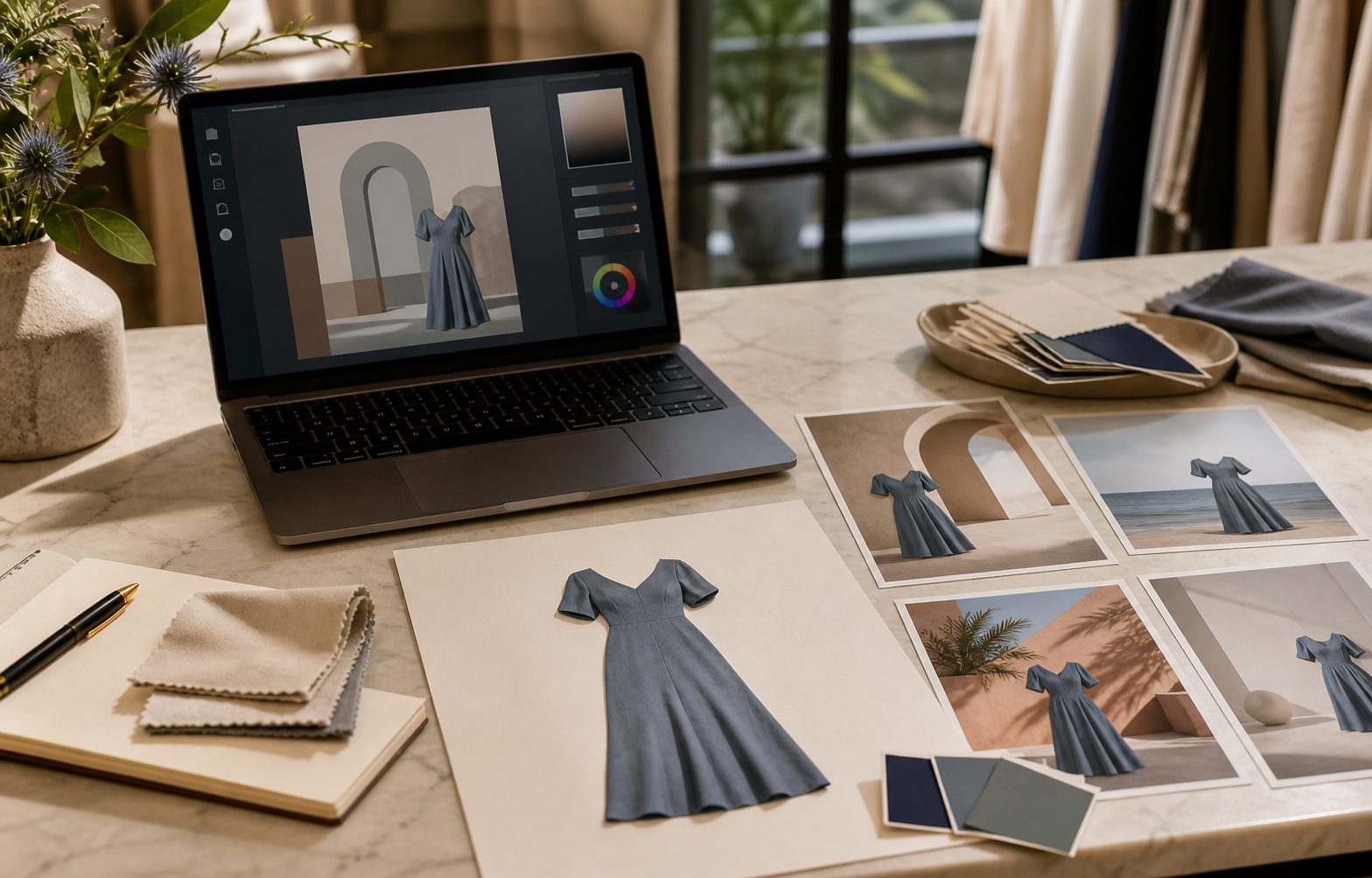 Mesa de boutique con portátil, recorte de vestido, muestras de tejido y tarjetas de escenas para idear fondos con IA