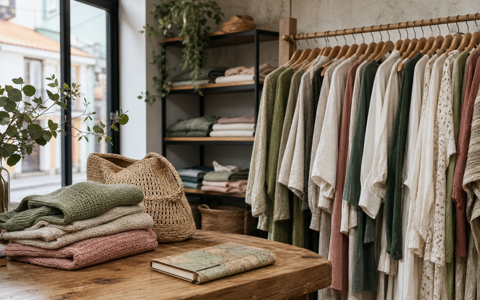 Boutique asturiana con prendas de tejidos naturales, punto doblado y bolso tejido sobre una mesa de madera