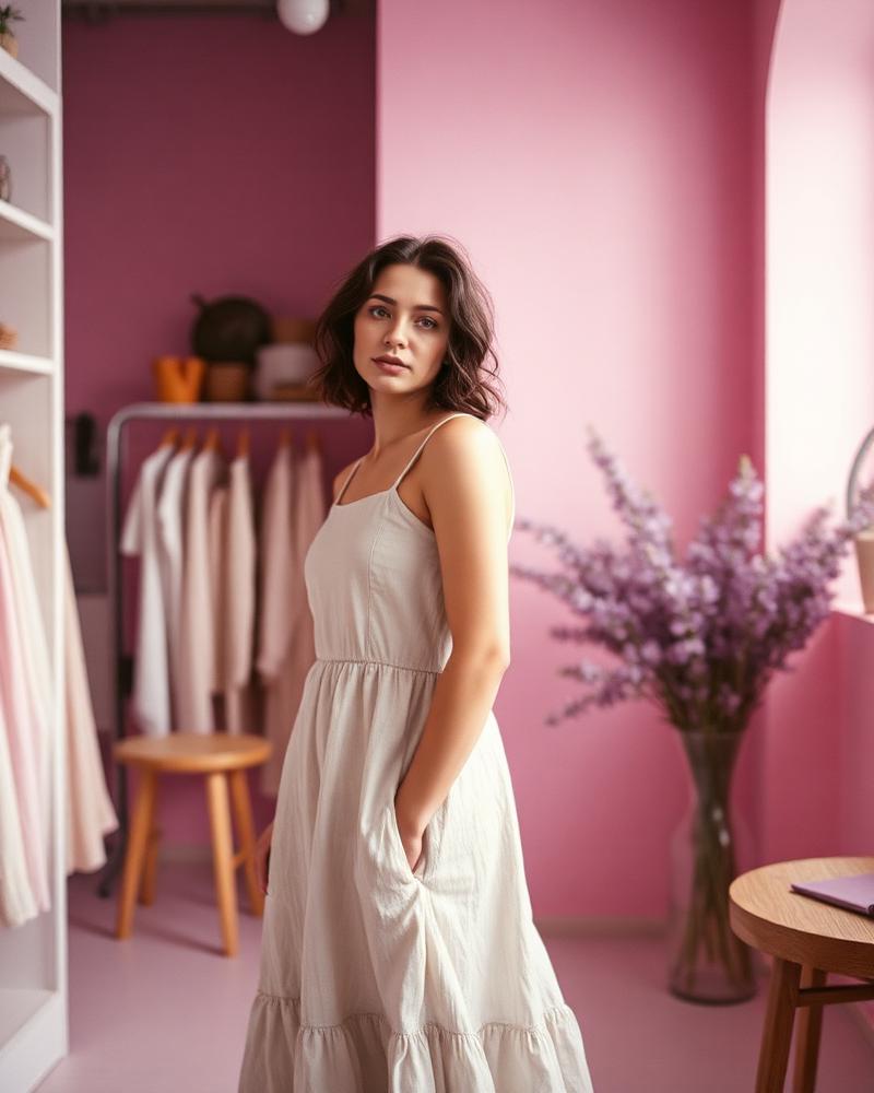Modelo con vestido de lino en interior de la tienda Paca y Tola