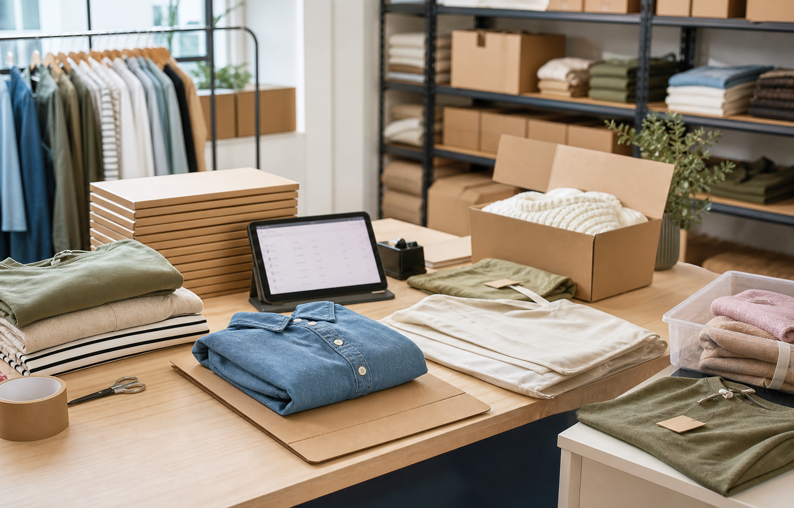 Mesa de preparación de pedidos de moda online con prendas, cajas ajustadas, embalajes de cartón y zona de devoluciones