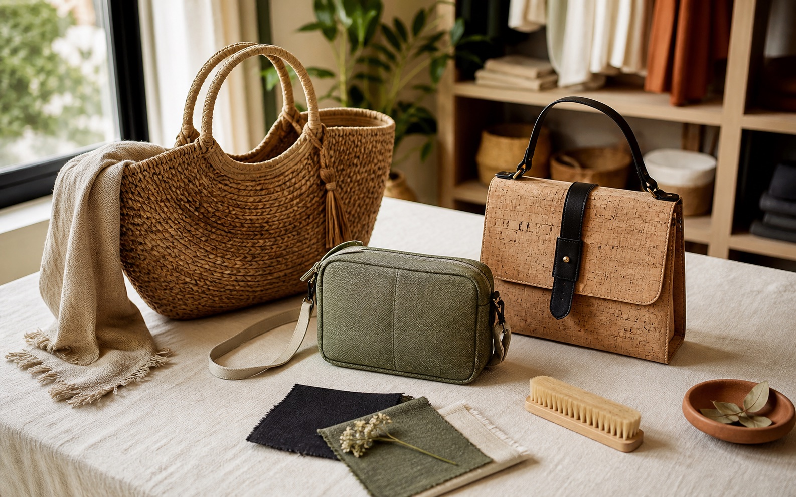 Selección de bolsos sostenibles de fibra natural, tejido reciclado y corcho sobre una mesa de boutique