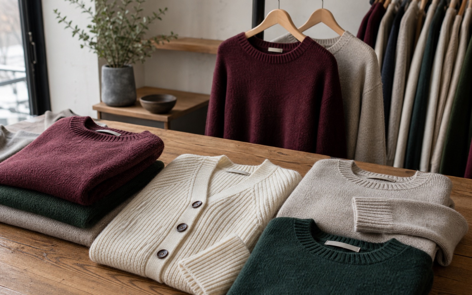 Jerséis de mujer de lana, cashmere y algodón doblados en una mesa de boutique