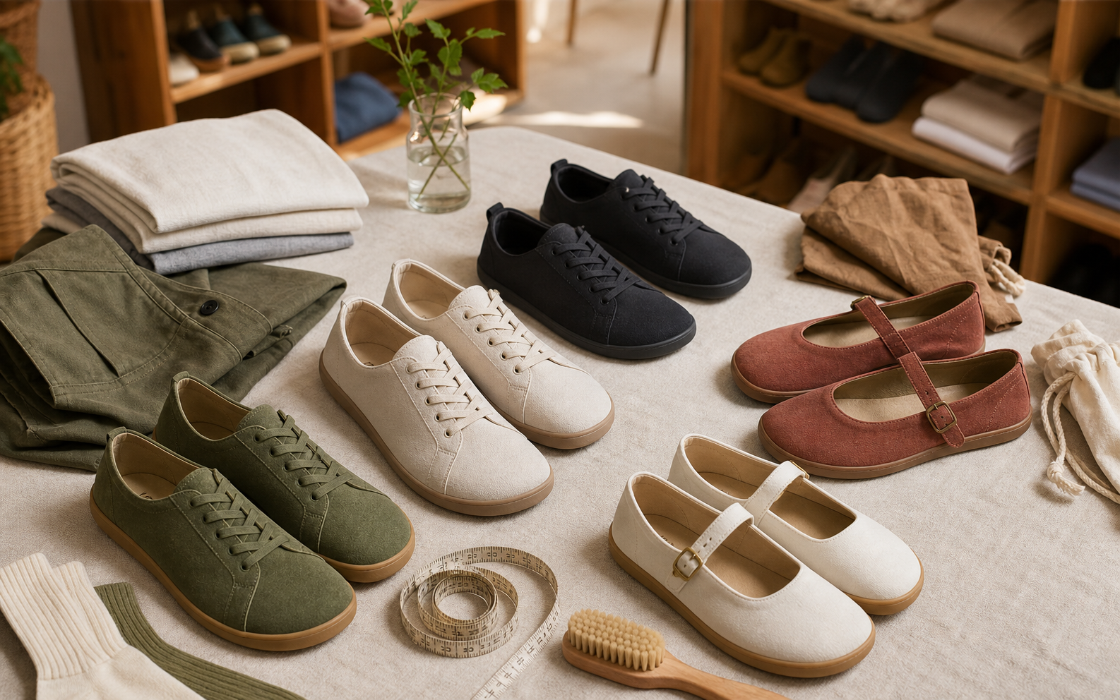 Selección de calzado barefoot, merceditas y prendas de moda consciente sobre una mesa de boutique