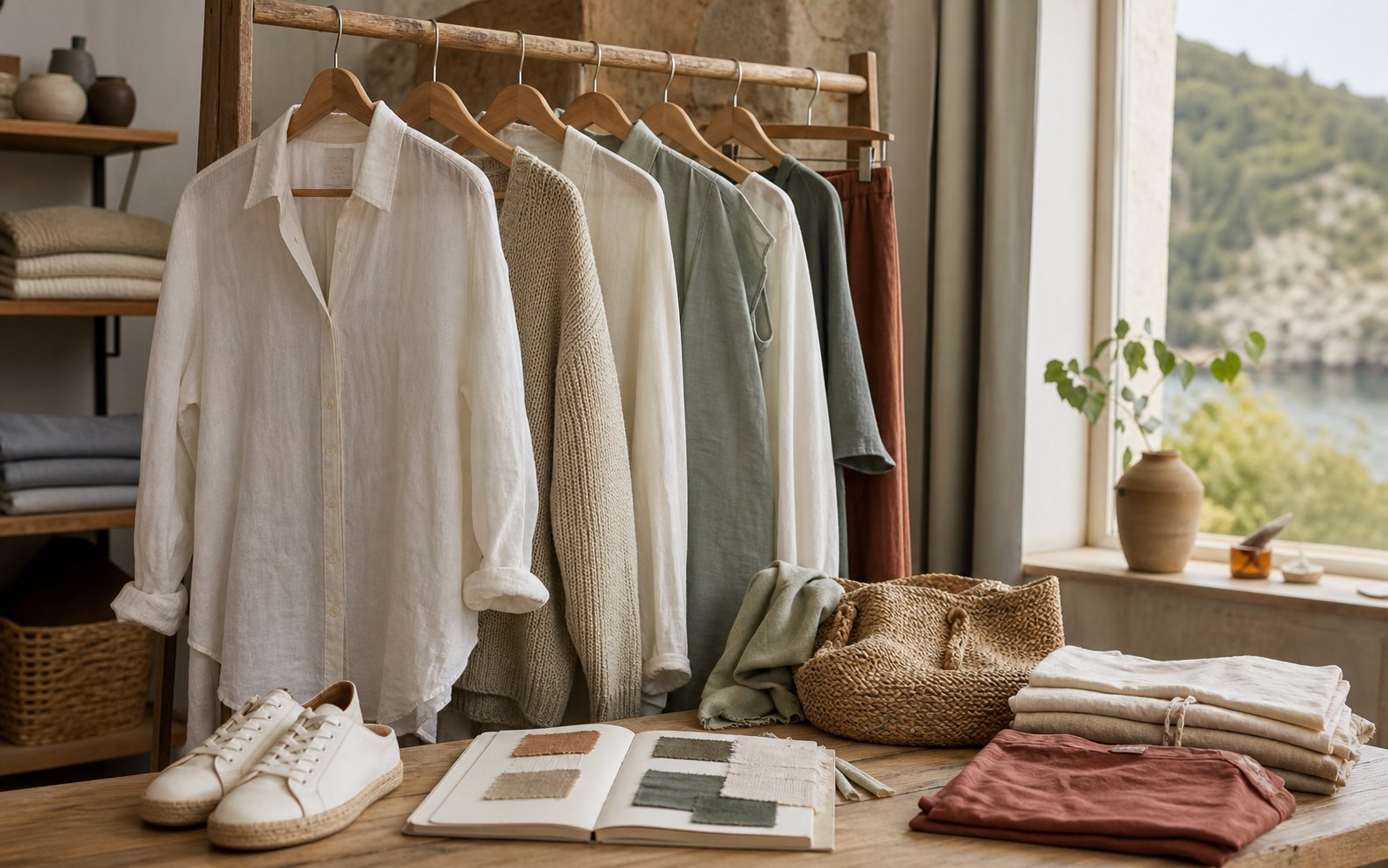Selección de prendas femeninas de lino, punto y algodón en una boutique de moda sostenible
