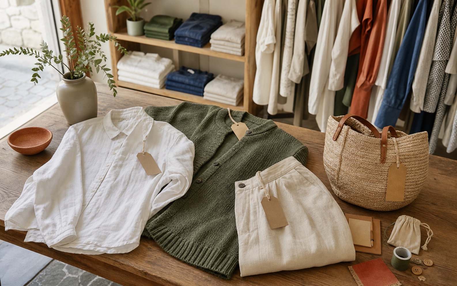 Prendas de lino, punto y algodón con etiquetas neutras en una boutique de moda ética