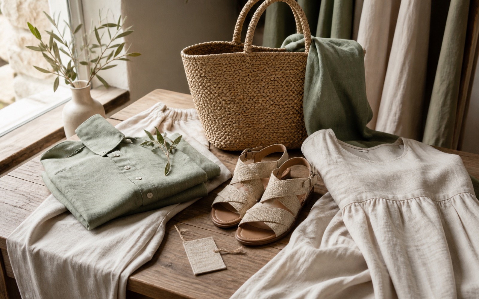 Camisa, vestido, pantalón y accesorios de lino para mujer sobre una mesa de boutique con luz natural