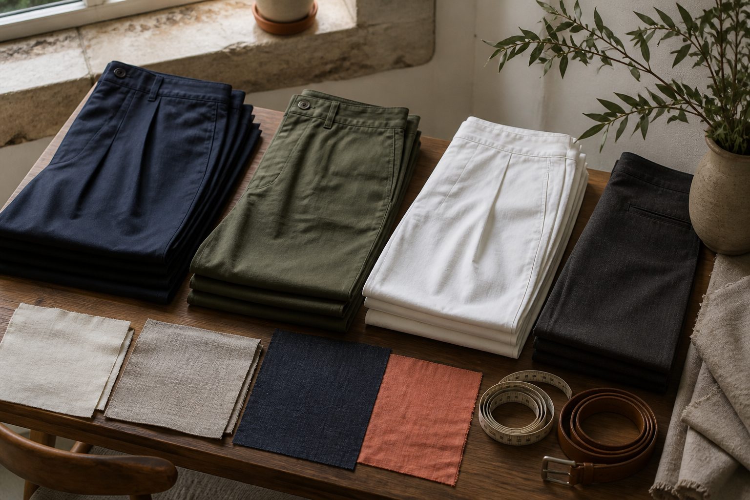 Pantalones cómodos de mujer doblados junto a muestras de tejidos y cinta métrica en una mesa de boutique
