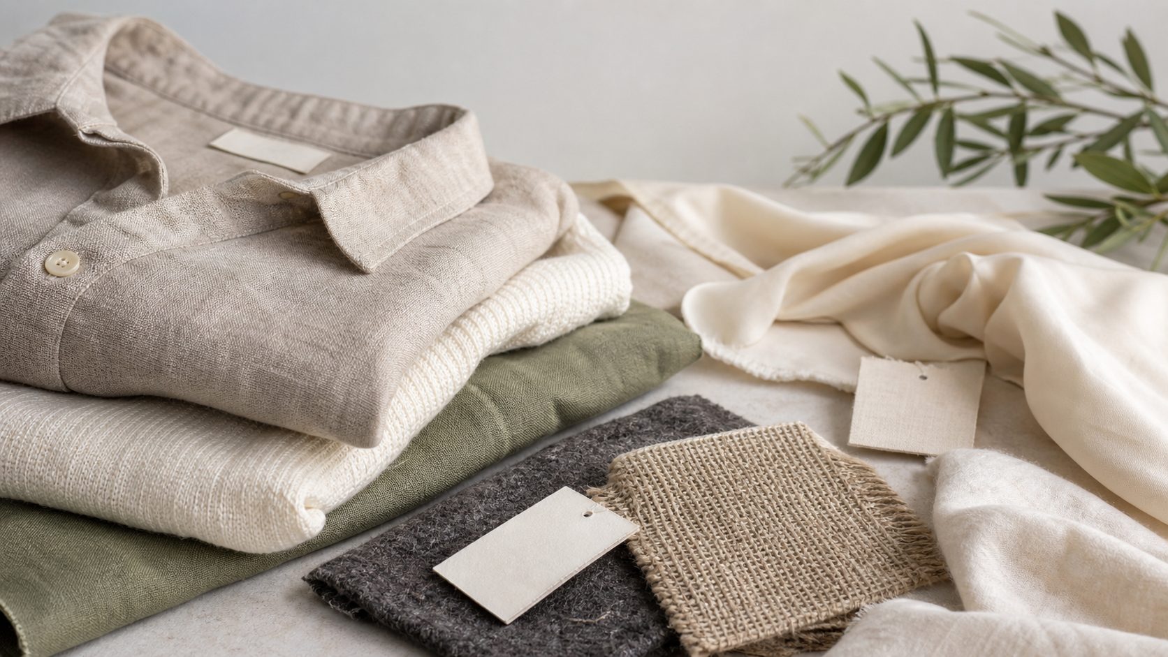Camisa de lino, punto de algodón, lana, seda y muestras de tejidos naturales sobre una mesa clara