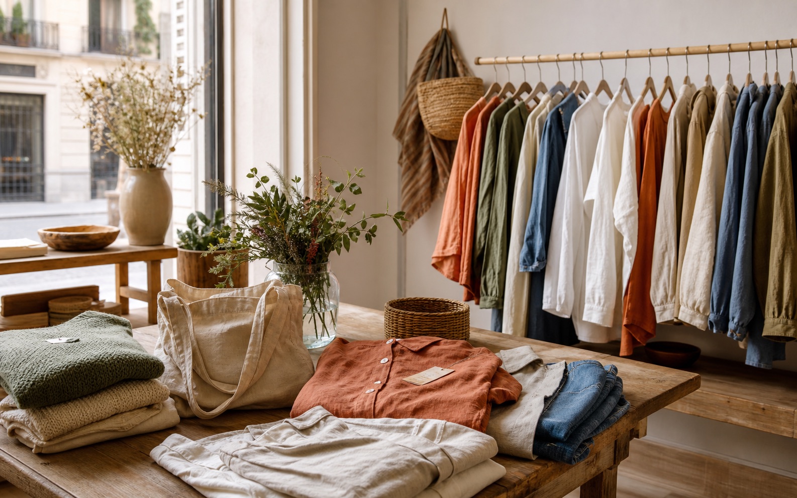 Mesa de boutique con prendas de lino, punto y algodón junto a un perchero de moda lenta
