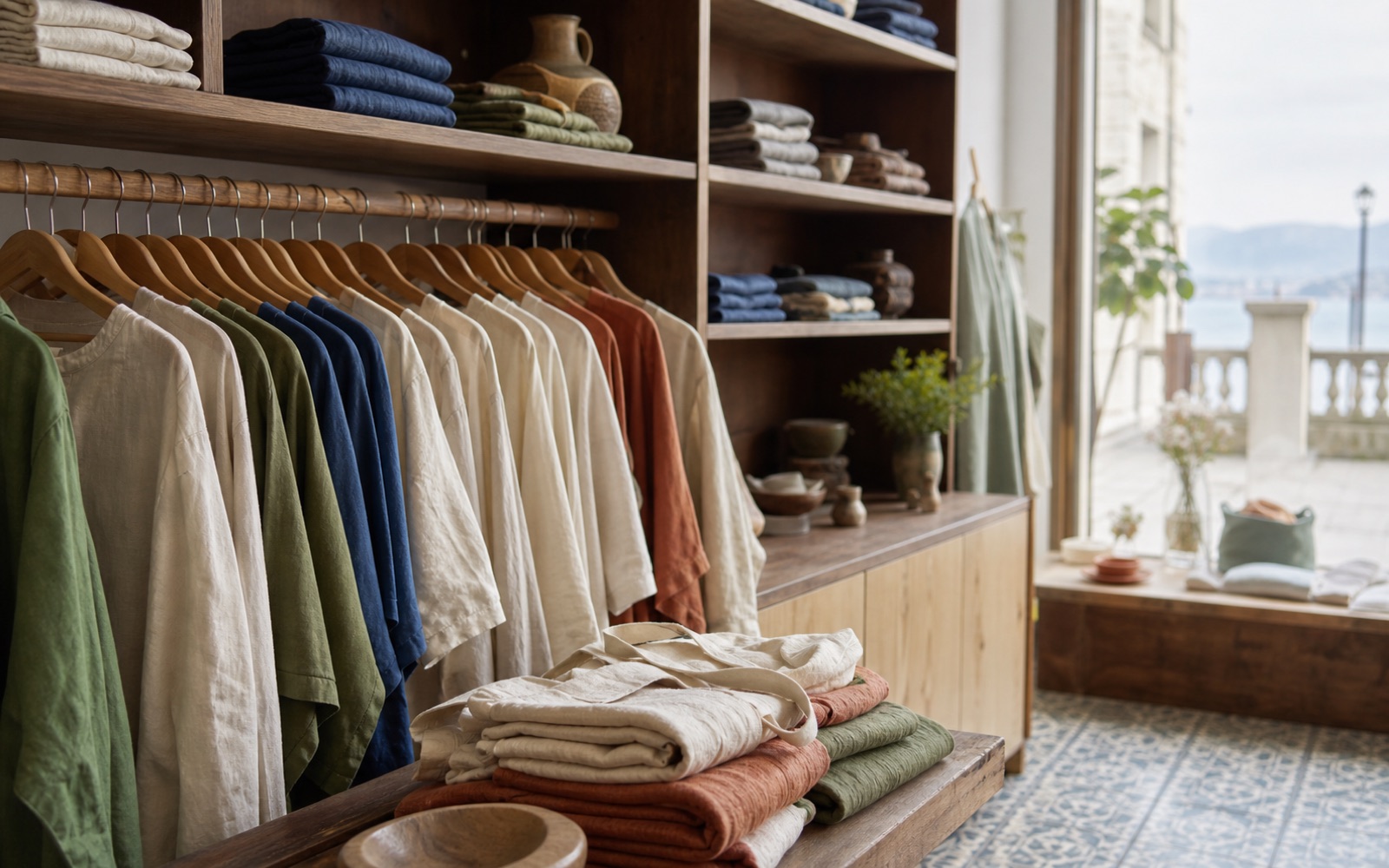 Interior de boutique con prendas de tejidos naturales en Gijón