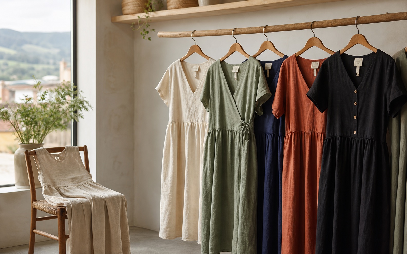 Vestidos sostenibles de lino y algodón en perchas de madera dentro de una boutique