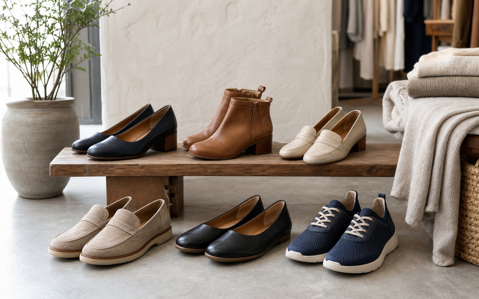 Selección de mocasines, bailarinas, botines y zapatillas cómodas de mujer en una boutique