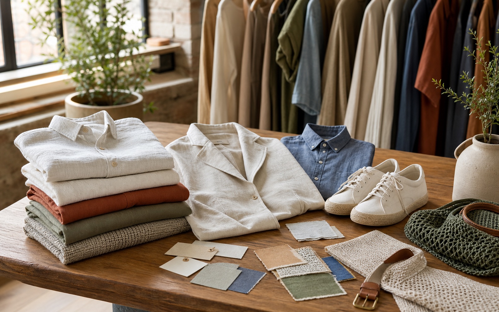 Mesa de boutique con prendas de lino, punto, camisas y calzado de estilo slow fashion español